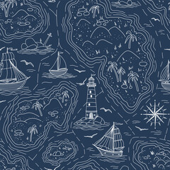 Sea map vector seamless pattern. Linear nautical backdrop with islands, lighthouse, sailboats on dark blue background for wallpaper, wrapping paper or textile design. White drawing with ships.