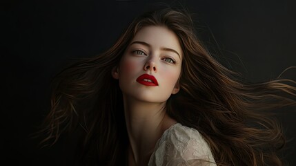 Naklejka premium Elegant Woman with Flowing Hair and Red Lips