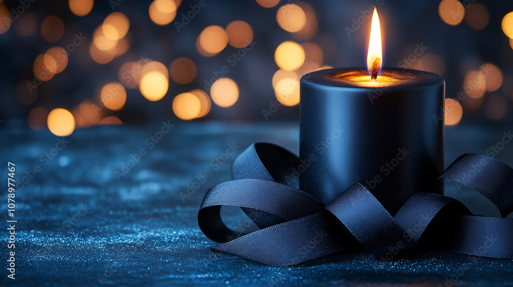 Poster elegant black candle with flickering flame surrounded by soft bokeh lights on a dark background for 