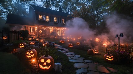 Create a spooky atmosphere for halloween with glowing jack-o'-lanterns and enchanting decorations