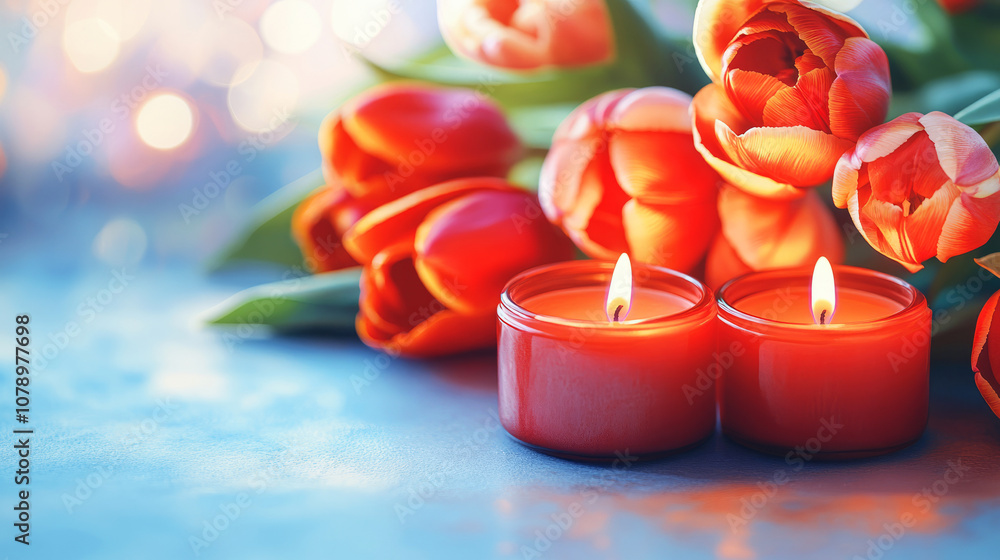 Poster bright red candles surrounded by fresh blooms of orange and pink tulips on a soft background with a 