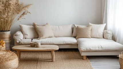 Cozy Living Room with Neutral Decor and Natural Elements