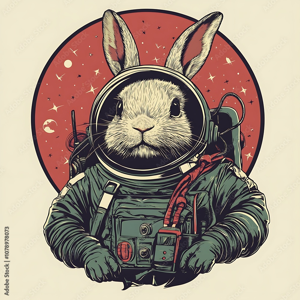 Poster a white rabbit wearing an astronaut suit, with a red circle behind it with white stars and a crescen
