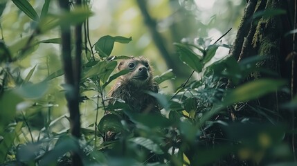 A small, furry creature with big eyes peeks out from behind a thicket of green leaves.