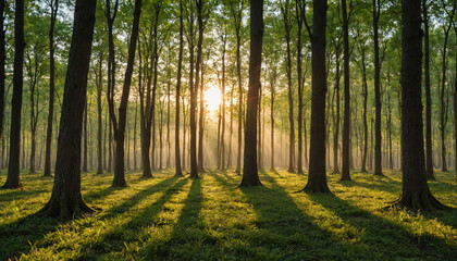 Obraz premium Sunlight streams through the trees in a dense forest, creating long shadows on the lush green undergrowth