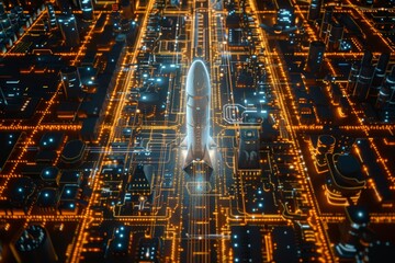 Futuristic rocket launches from a radiant digital landscape, symbolizing innovation in space travel