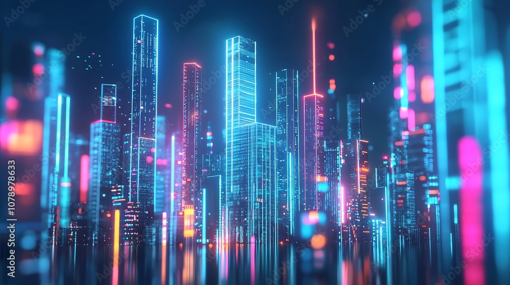 Poster futuristic cityscape showcasing data visualization through illuminated skyscrapers symbolizing urban