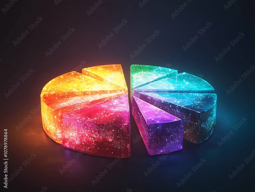 Poster vibrant 3d floating pie chart with textured slices showcasing diverse data categories