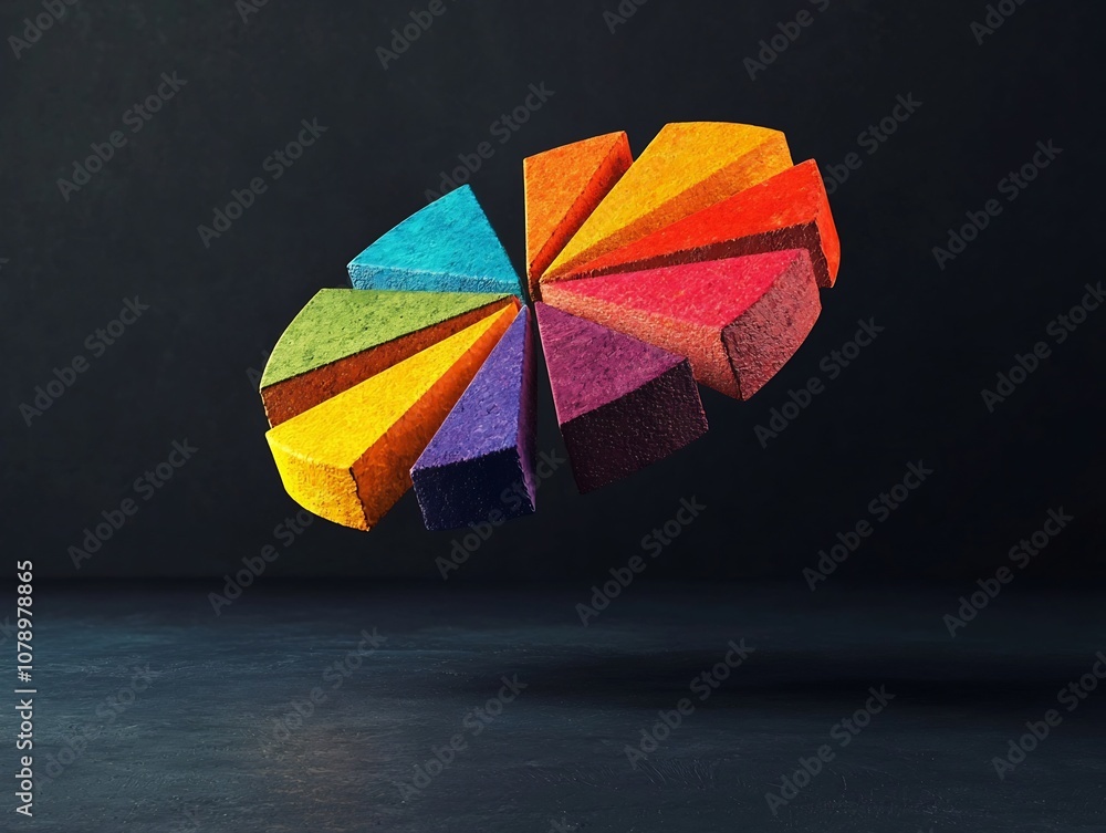 Poster vibrant 3d pie chart floating in midair with diverse textural slices symbolizing data categories