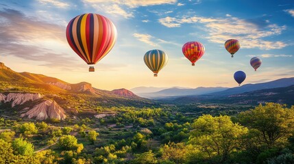 Fototapeta premium Colorful Hot Air Balloons Over Scenic Landscape