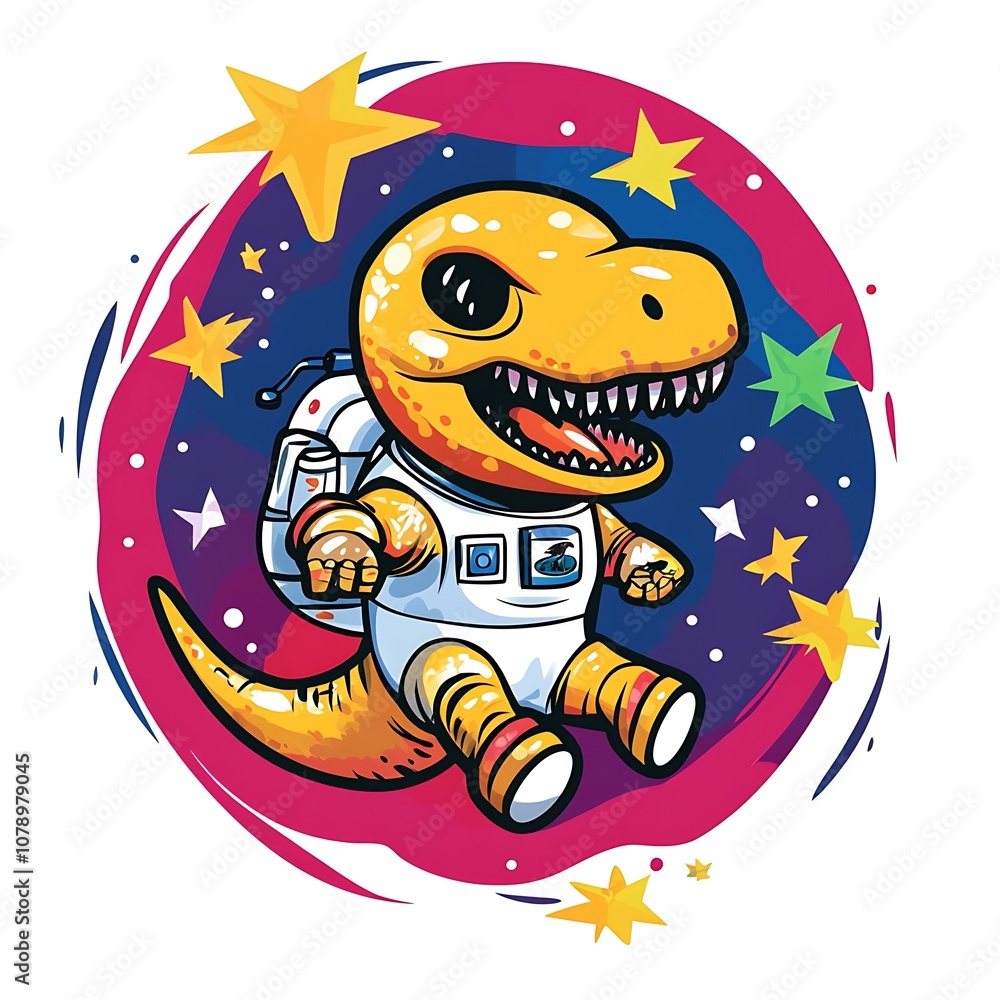 Poster a cartoon dinosaur wearing an astronaut suit and floating in space.