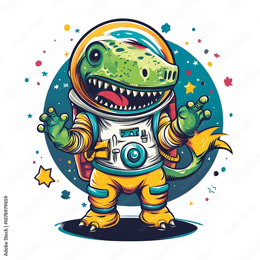 Poster a cheerful dinosaur astronaut with a big smile, wearing a spacesuit and standing on a blue backgroun