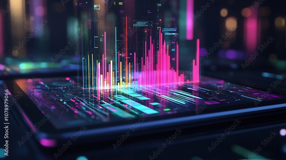 Poster futuristic digital interface with holographic data visualization and interactive elements