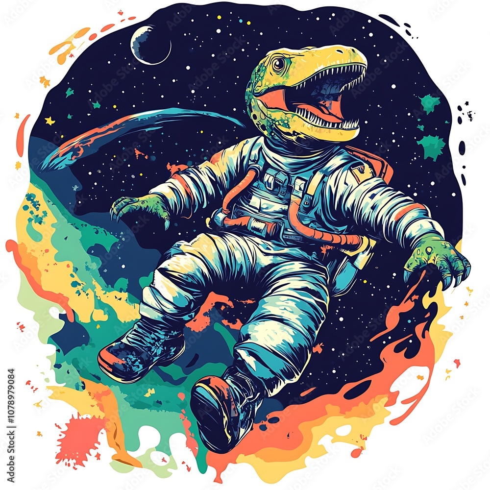 Poster a dinosaur astronaut floats in space, surrounded by stars and planets.