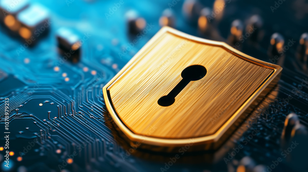 Poster golden shield symbolizing cybersecurity on a circuit board reflecting modern digital protection and 