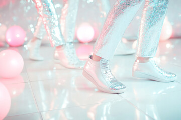 Group of disco dancers wearing pink silver pants and white sneakers, concept fashion