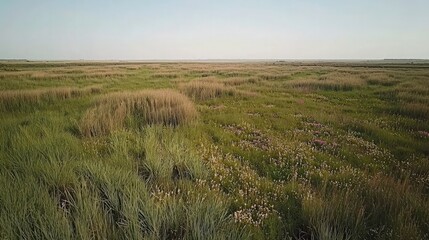 A vast field of tall grass and wildflowers under a clear blue sky.