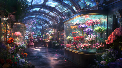 Steam-powered crystal flower shop, mechanical bouquet arrangers, iridescent glass ceiling, dusk lighting