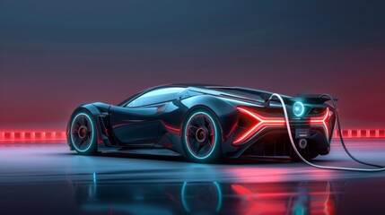 Obraz premium A futuristic black electric sports car, illuminated by blue and red lights at night. Connected to a charging cable, the scene exudes a dark and mysterious atmosphere with sleek design.