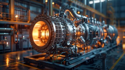 A dark industrial setting with a glowing metallic machine on a platform, surrounded by components and instruments, showcasing intricate internal structure, evoking industrial power and precision.