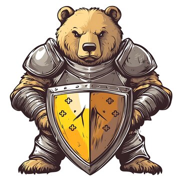 A fierce bear knight in full armor, holding a shield with a beer mug design.