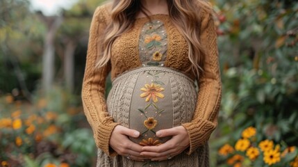 Obraz premium Pregnant woman in garden with sunflower dress, serene ambiance with blooming flowers and fruit tree in background.