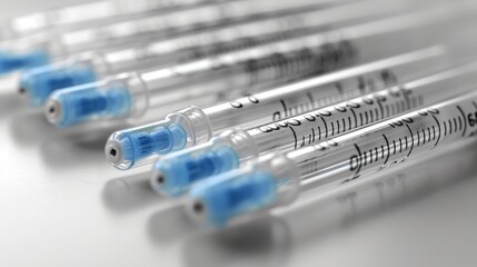 Row of 5 medical syringes with blue tips and grey guards on silver background. Central 3 syringes in focus, sterile and professional ambiance.