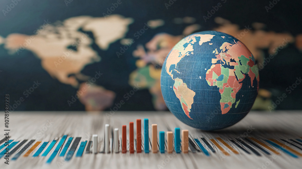 Poster globe surrounded by bar and pie charts representing data analysis and global trends