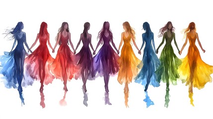 Empowering Women Day illustration, diverse women in pastel shades, watercolor effect, unity theme