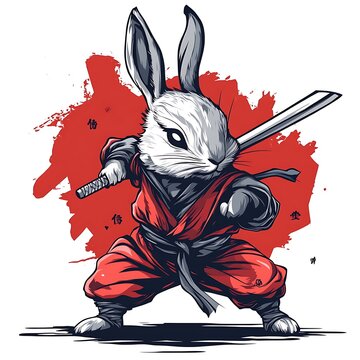 recommend clip art: A fierce, white rabbit dressed as a samurai warrior stands in a fighting pose, wielding a katana, with a red, splatter paint background.