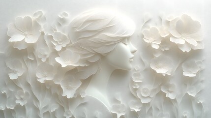 Papercut flowers and women silhouette, pastel tones, Women Day card design, delicate style