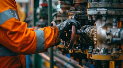 At an industrial gas facility, a person in orange overalls and black gloves turns a gas valve with a red handle amid a network of pipes.