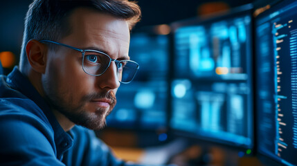 Focused male programmer analyzes data on multiple screens in a tech-savvy environment, showcasing concentration and innovative technology usage in modern coding practices