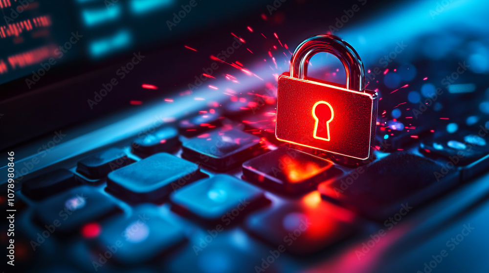 Poster illuminated lock symbolizing digital security and cyber protection, focused on keypad with colorful 