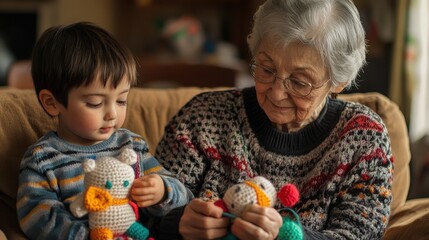 Obraz premium Grandmother creates adorable crocheted toys for her loving grandchildren