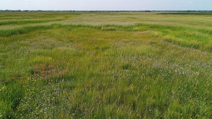 A wide shot of a green field of tall grass and wildflowers with a blue sky in the background.