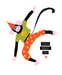 Happy Monkey in Red Dotted Pants. Crazy About You. Funny Hand Drawn Valentine's Day Card with Cute Playing Monkey on a White Background. Happy Ape with Yellow Smiling Face On Its T-Shirt. 