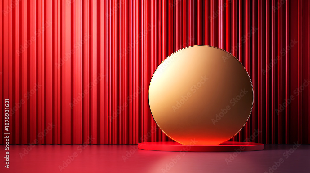 Poster modern abstract still life composition featuring a reflective gold circle against a striking red ver