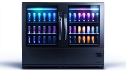 Modern black refrigerator with glass door showcasing diverse beverage collection, cold drinks and refreshment