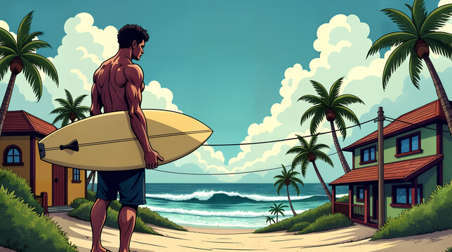 A Surfing Adventure: A Determined Surfer Engaging in the Excitement of Riding Waves in a Small Town.