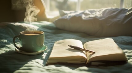 Create a cozy atmosphere with a softlit room featuring a journal and coffee