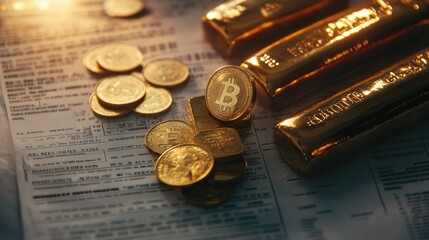 Coins and bars of gold on a tax document backdrop