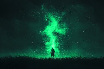 Fototapeta premium Silhouette against magical green flames in a mystical night landscape.