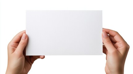 Obraz premium Person holds a blank card over a clean white surface in bright light