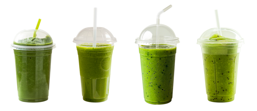 Set of green smoothie in a plastic cup with straws, isolated on a white or transparent background, die-cut PNG