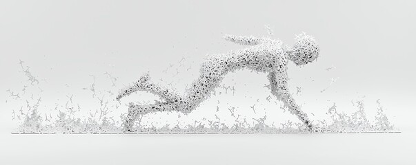 Fototapeta premium Abstract figure in dynamic motion composed of scattered particles on a neutral background.