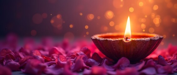 Glowing Diwali diyas with vibrant petals on a festive purple backdrop