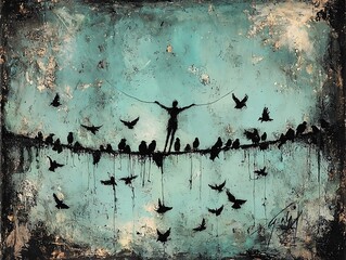 Surreal painting of a tightrope walker balancing among birds against a textured blue sky.