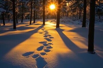 Golden sunset over snowy forest with footprints leading through trees
