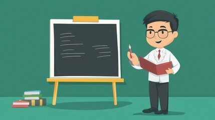 Asian teacher engages students with interactive lesson at the chalkboard